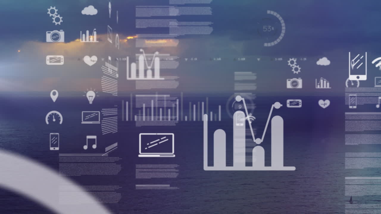 Animation of graphical infographic interface over scenic view of seascape and horizon against sky