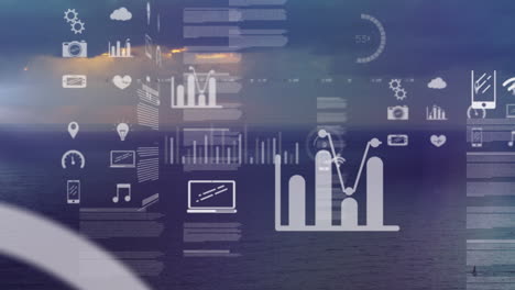 animation of graphical infographic interface over scenic view of seascape and horizon against sky