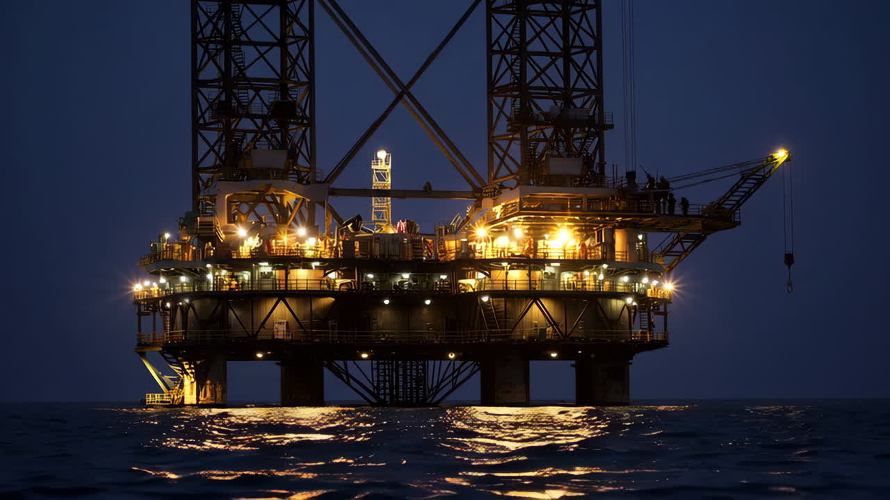Piattaforma petrolifera offshore di notte con luci che si riflettono sull'acqua
