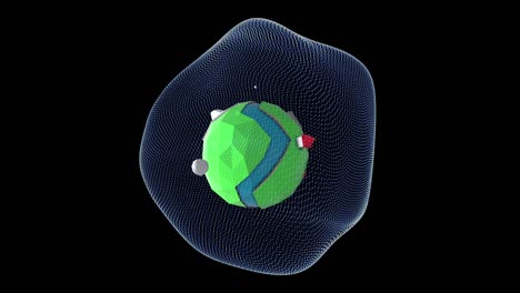 little planet in low-poly style spinning inside its mini world over black background.