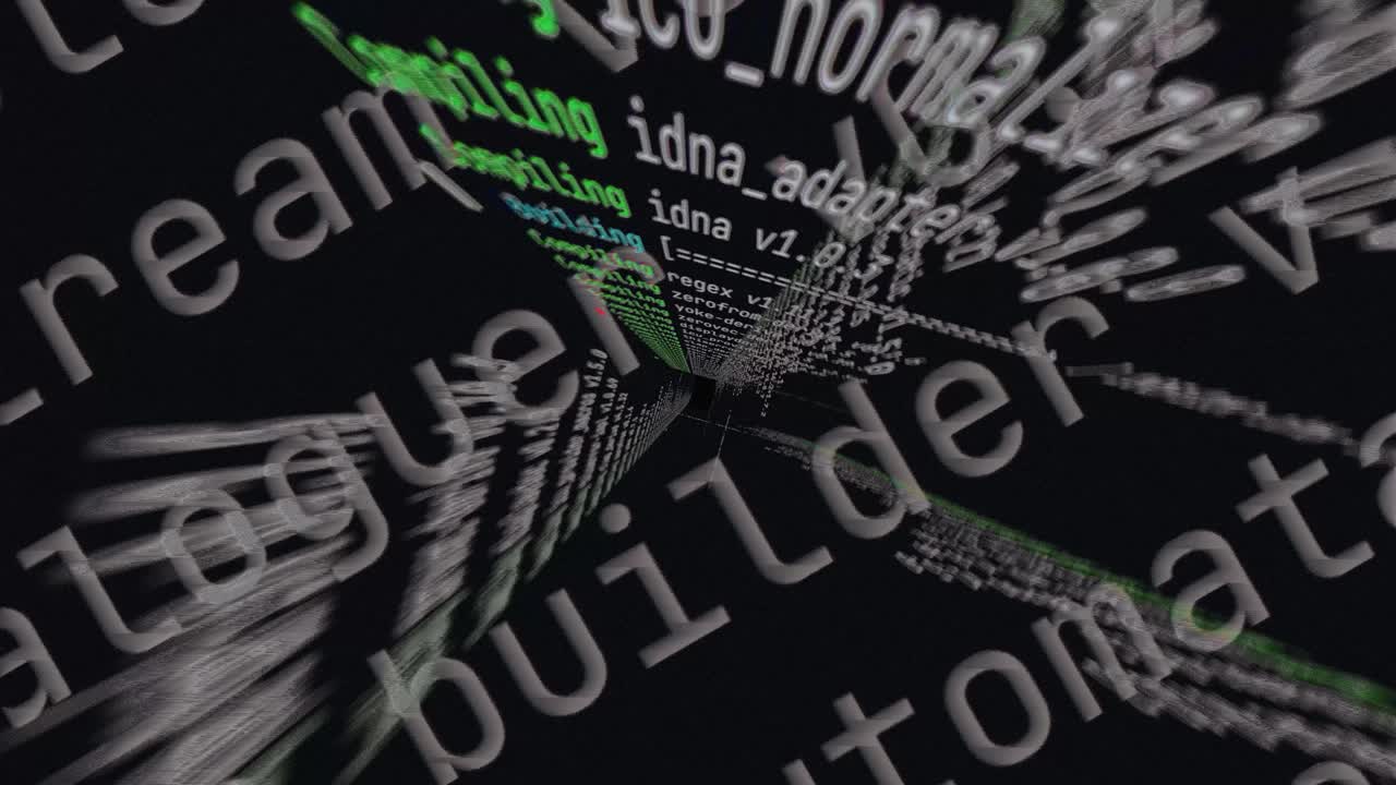 coding 3d server, scrolling through programming data, rendering through black background mainframe source code