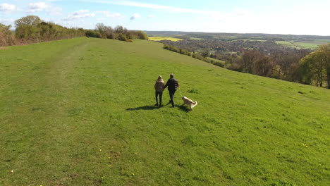 Aerial-Shot-Of-Mature-Couple-And-Dog-On-Walk-In-Countryside