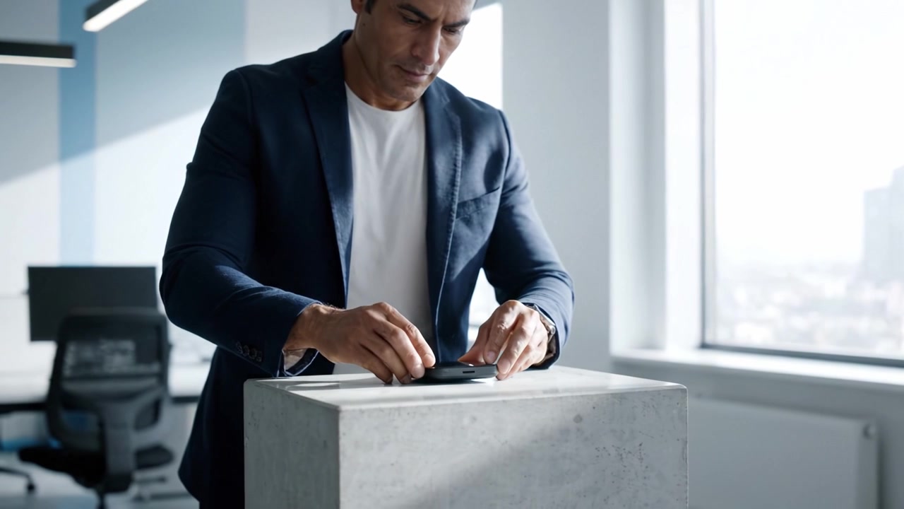 Un professionista che interagisce con uno smartphone su un moderno blocco di cemento in un luminoso ambiente d'ufficio.
