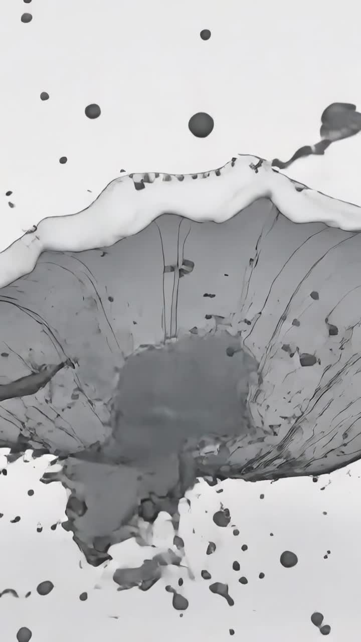 Vertical video: Hitting drop causing black ink forming sheet collapsing into film on white backdrop