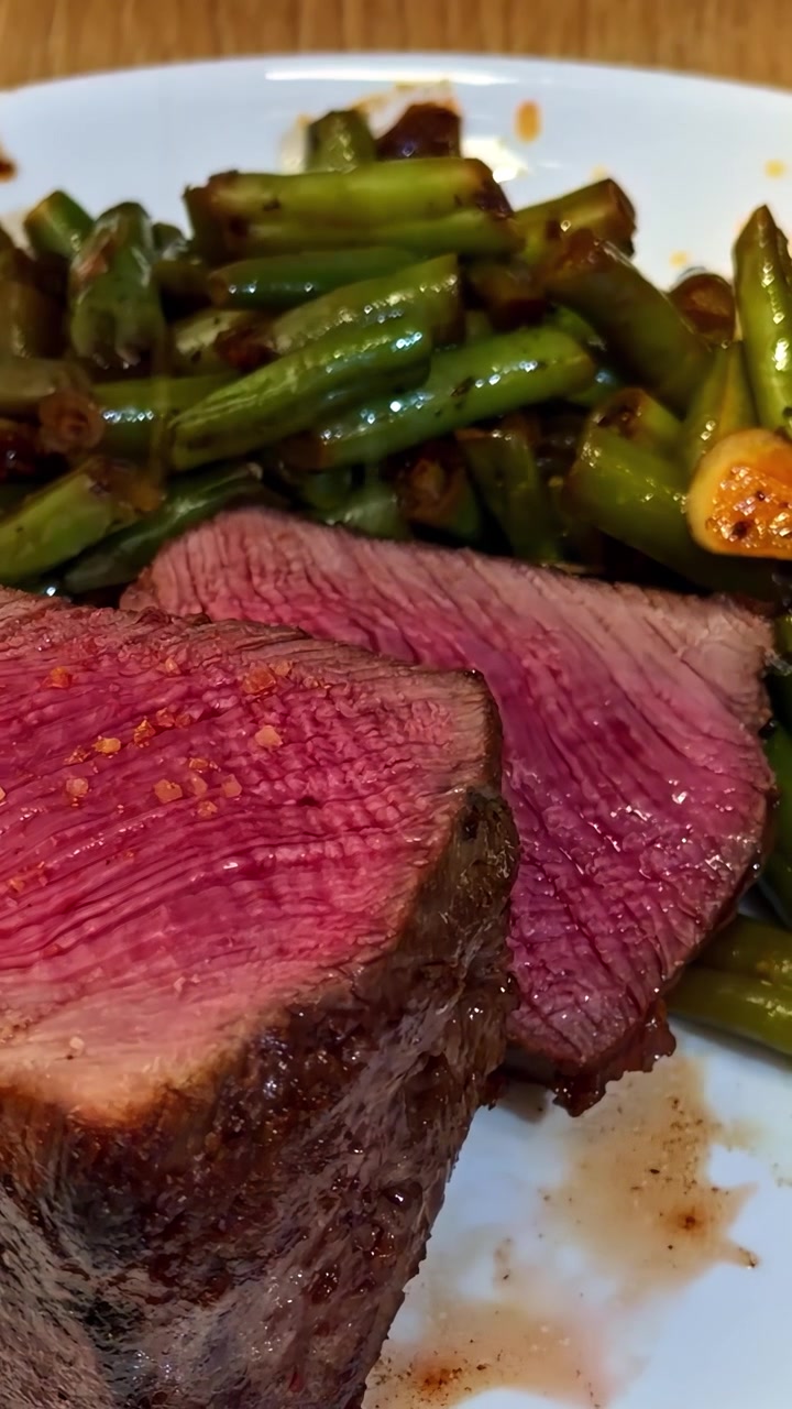 Bistecca succulenta al sangue servita con fagiolini saltati in padella su un piatto bianco, primo piano.