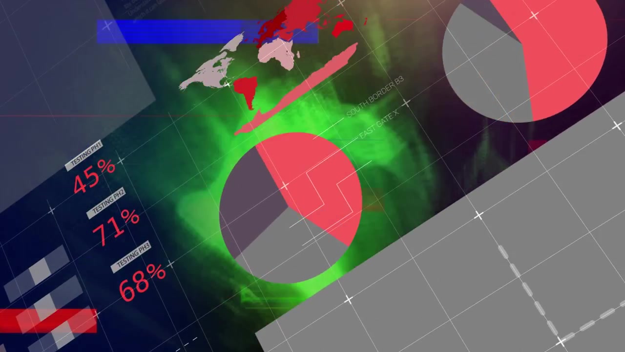 Animation of interference over light trails and data processing on black background