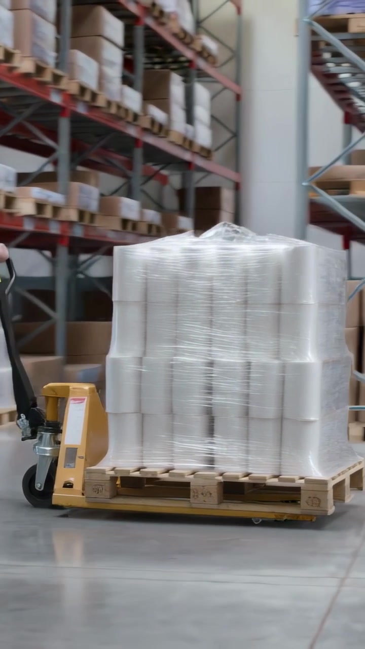 Video verticale: Spostamento di rotoli imballati su un transpallet in un deposito mentre un uomo in abbigliamento ad alta visibilità spinge per spostare le scorte