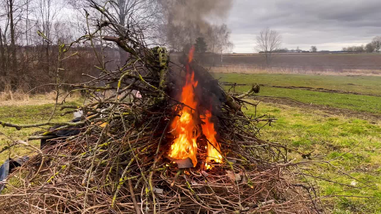 fuerte llama de fuego quema ramas de árboles con desechos de basura doméstica, limpieza de primavera