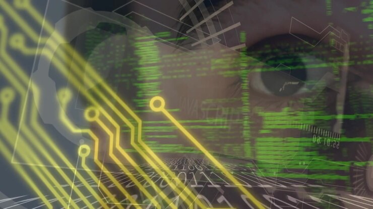 Microprocessor connections and data processing against close up of an eye