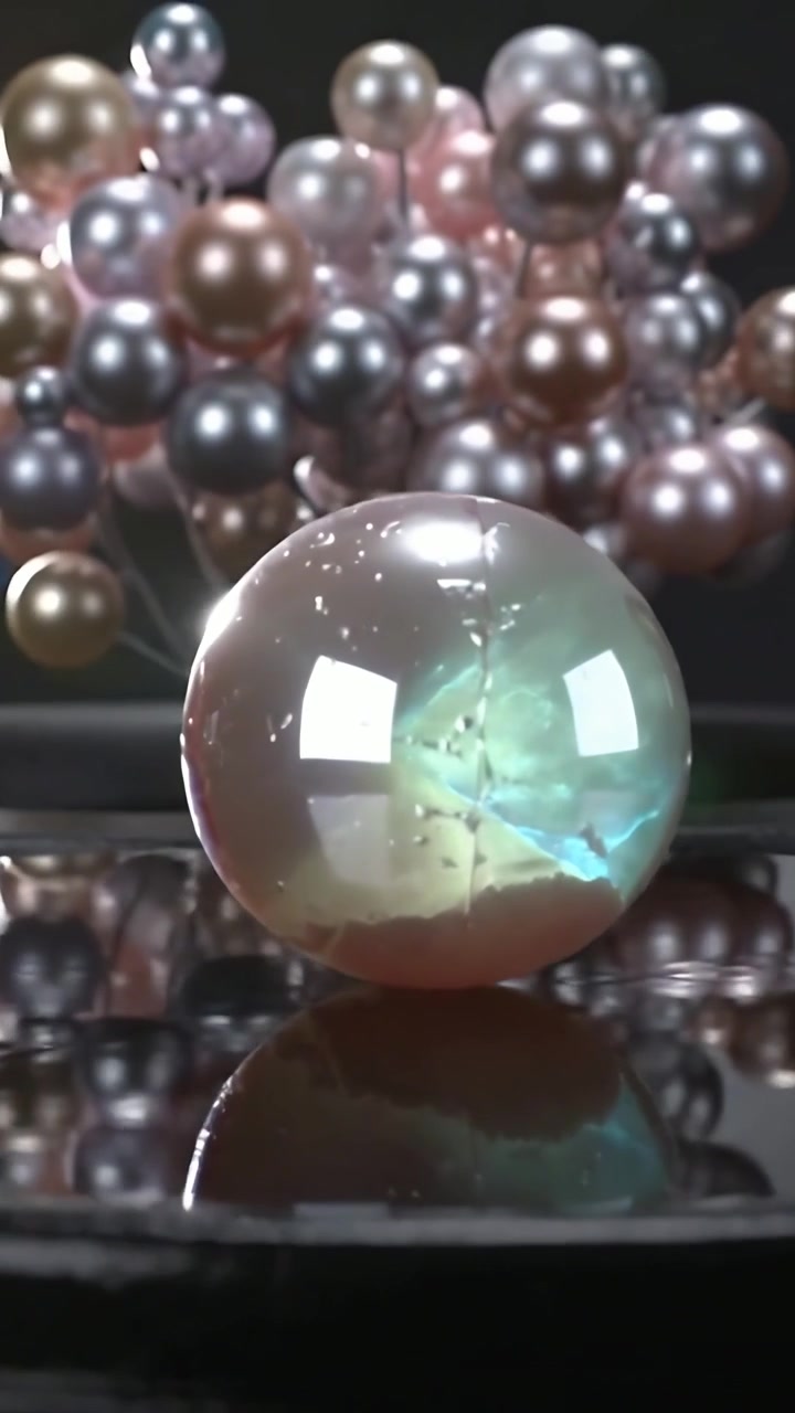 Video verticale: Telecamera che si allontana mostrando un globo su un tavolo nero che emette un bagliore, con perle e un riflesso.