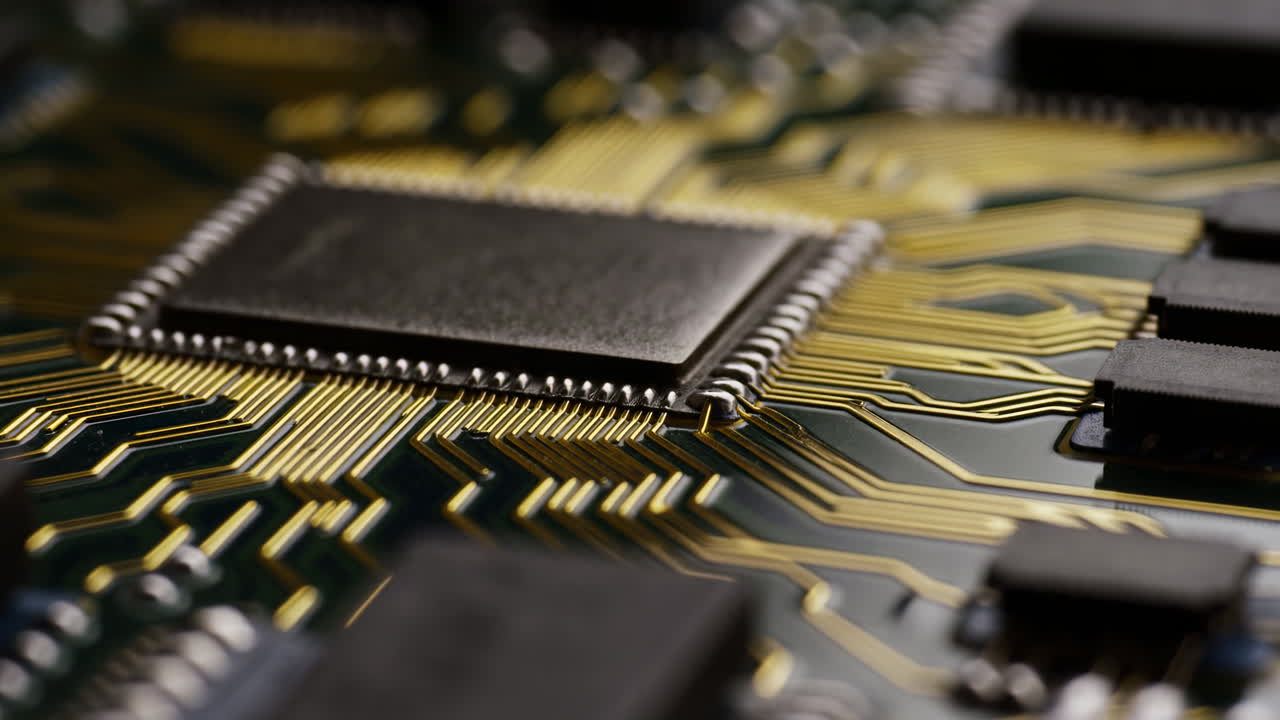 Closeup Microchip On Motherboard Golden Traces, Soldered Pins And Integrated Components Caught In Shallow