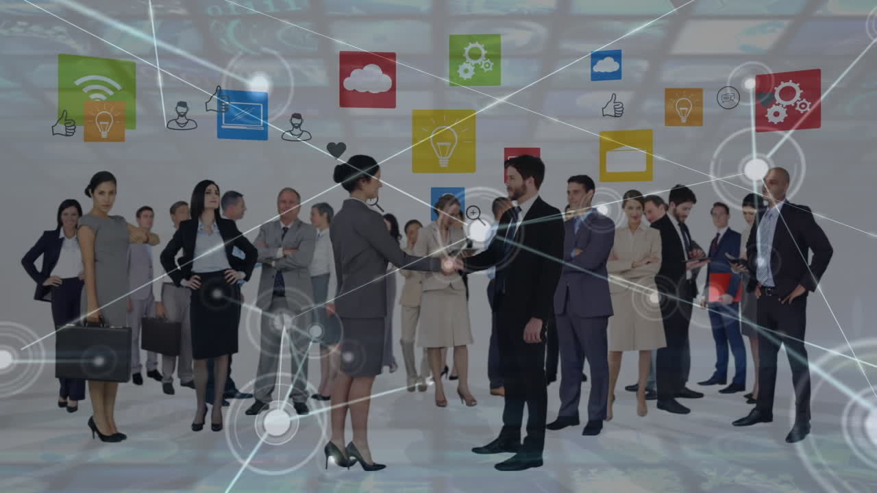 사무실에서 다양한 사업가들과의 아이콘과의 연결 네트워크의 애니메이션