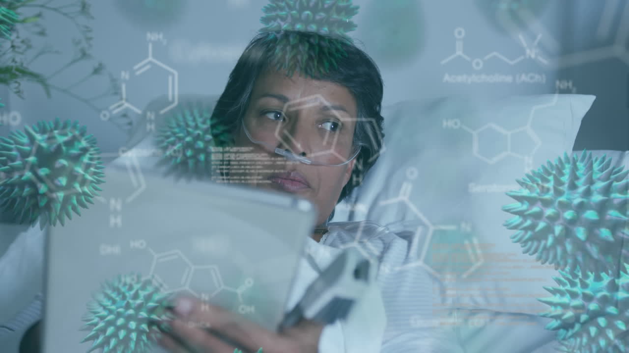 Chemical structures and Covid-19 cells moving against female patient using digital tablet