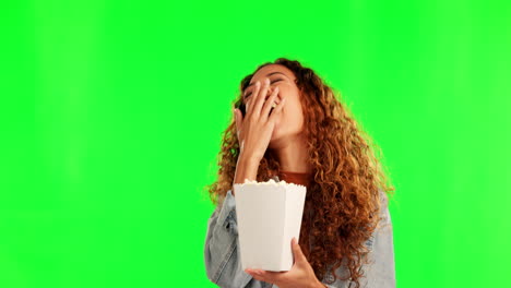 Excited-woman,-popcorn-and-green-screen-eating