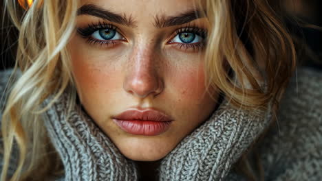 young woman with striking blue eyes poses in cozy sweater setting