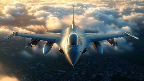 Jet flying through sunset clouds. A fighter jet soars over a city at sunset, enveloped by golden clouds, showcasing its power and agility.