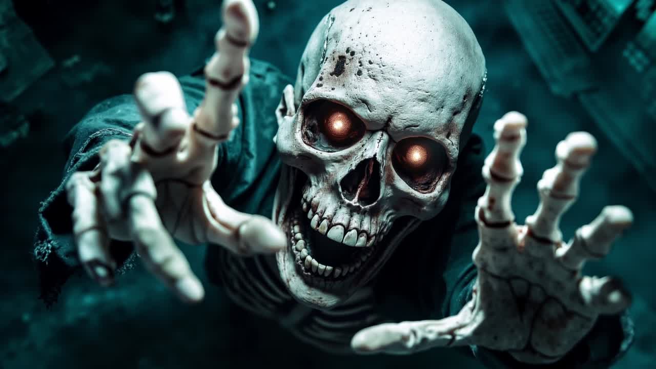 un esqueleto con ojos rojos y una camisa negra se acerca a la cámara