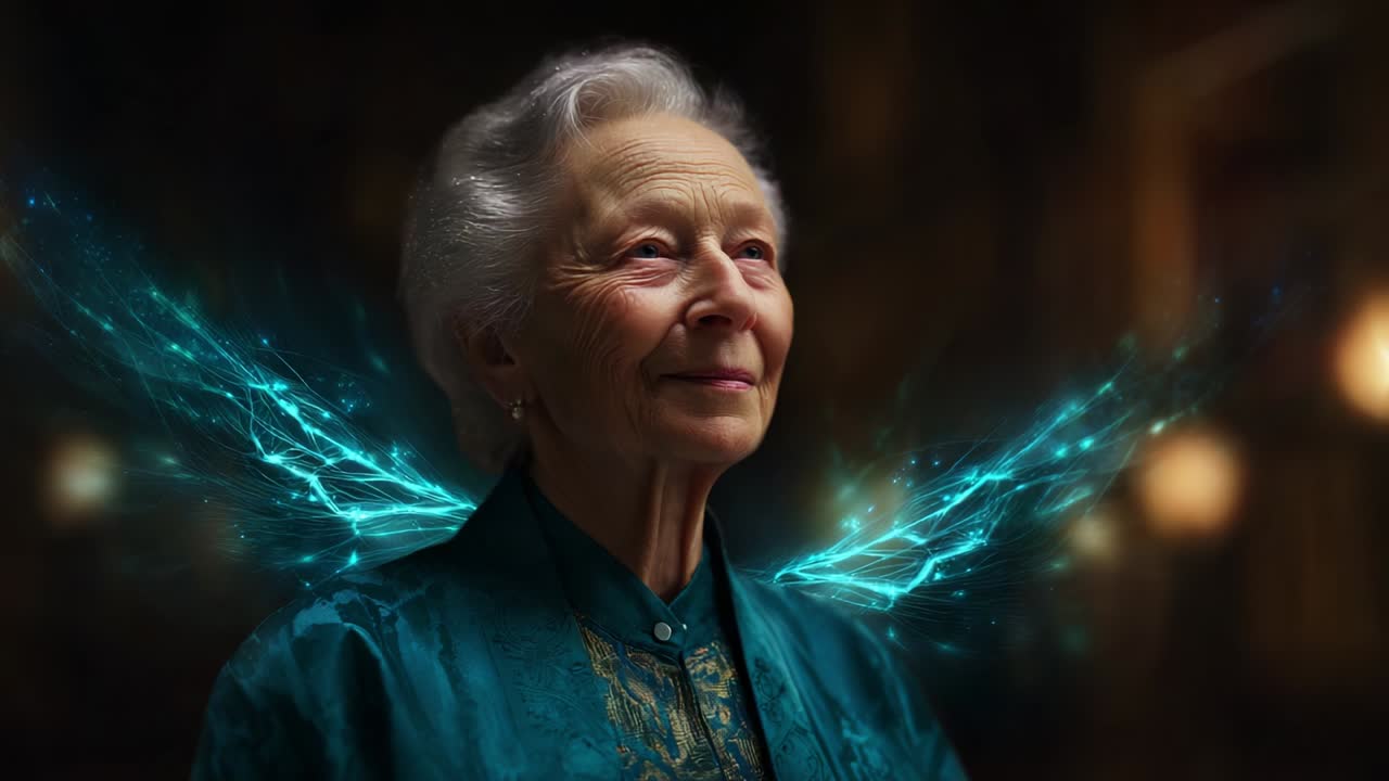 An ethereal elder woman radiates wisdom and tranquility, crowned with shimmering, luminous wings, embodying grace and serenity in a magical moment that captures the essence of beauty and enlightenment