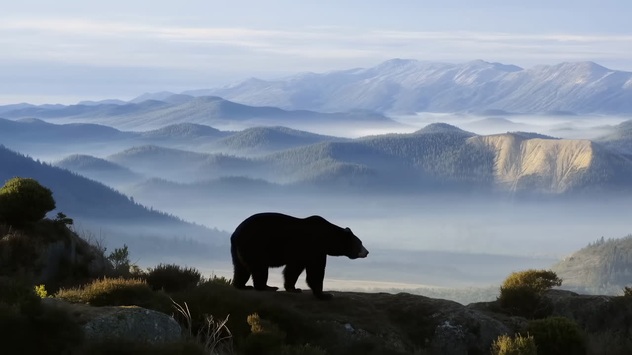 Siluett av en björn som står på en bergskam vid soluppgången