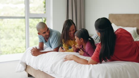 bed, morning fun and happy family relax