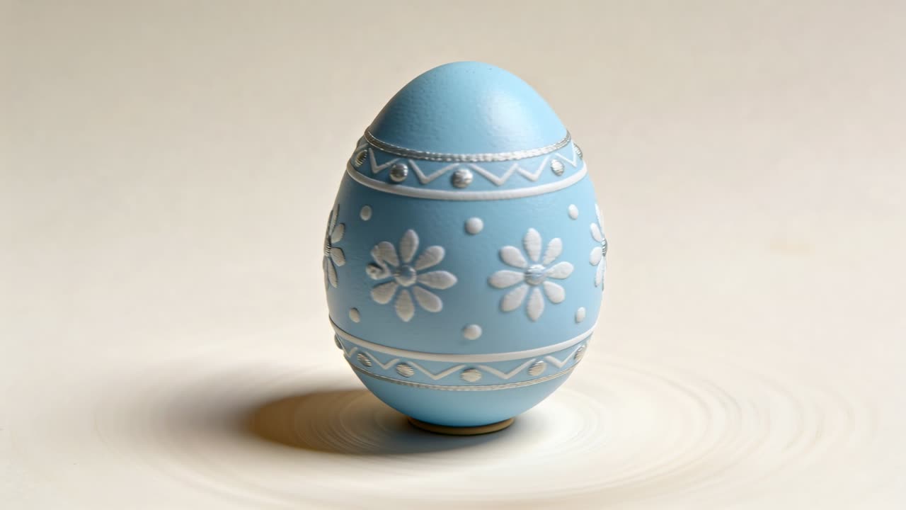 Rotating blue egg after slight nudge on pale beige tabletop on dark base, showing floral motifs