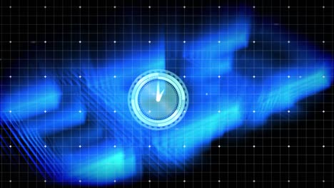 Animation-of-clock-with-moving-hands-over-grid-and-glowing-blue-lines-on-black-background