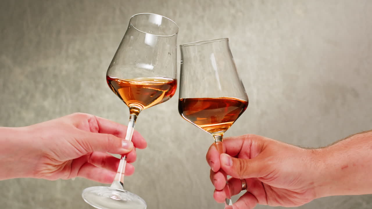 Rose Orange or white wine bottle and glass against a sunset in a peaceful vineyard, pouring of ecological natural wine. Cheers, hands with wine glasses, drinking alcohol.