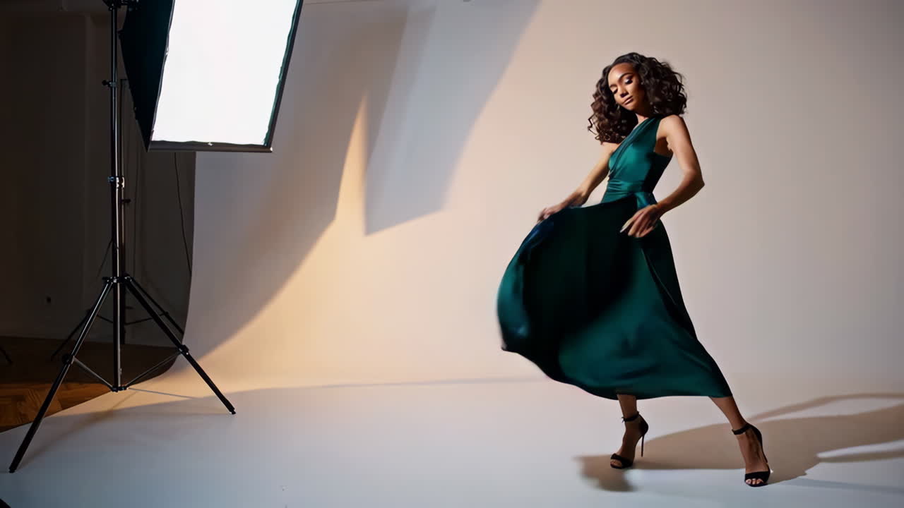Woman in a Green Satin Dress in Studio