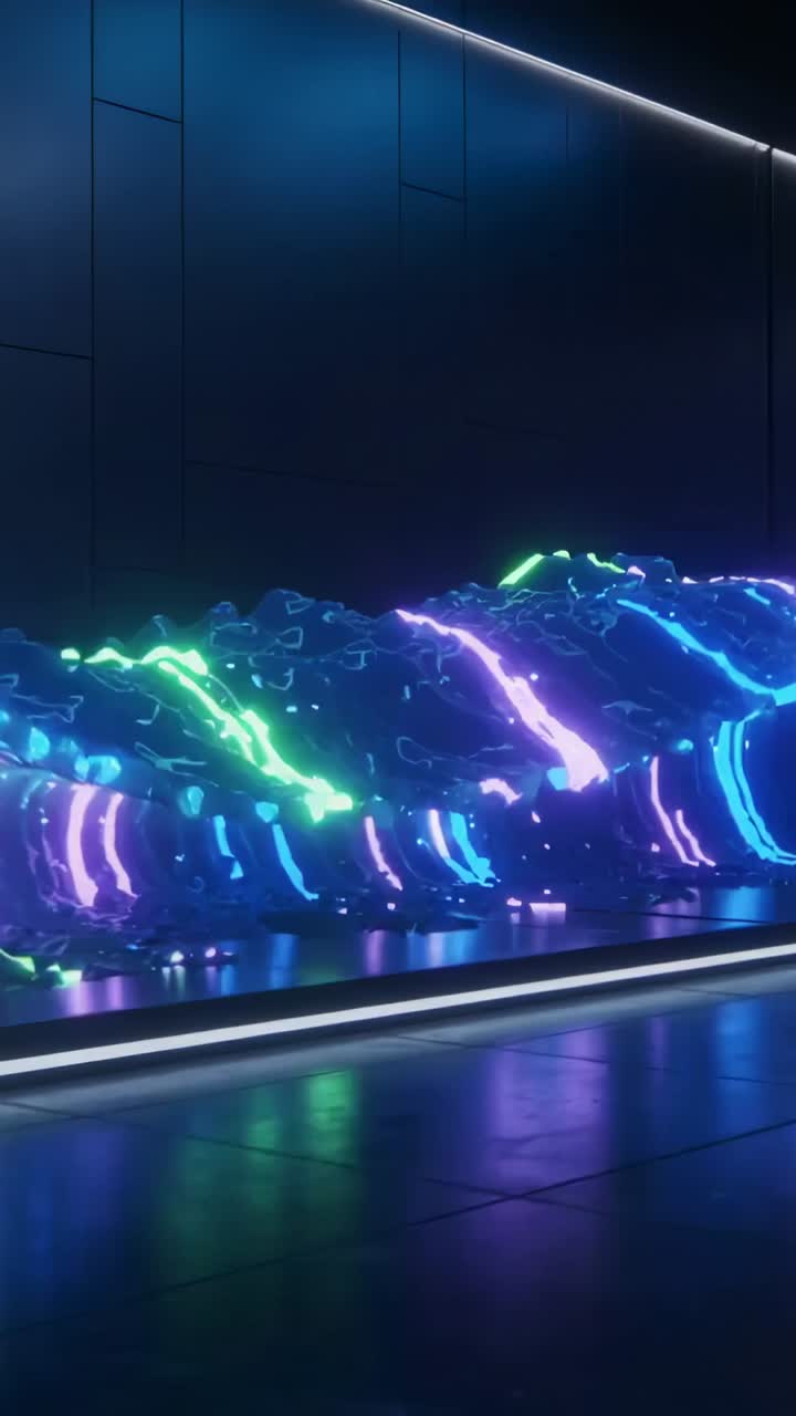 Vertical video: Lighting starting LED wave rising across hall tiles for display, mirroring LED