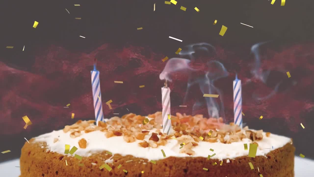 animación de confeti de oro cayendo sobre el pastel de cumpleaños con velas