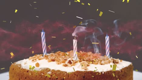 animation of gold confetti falling over birthday cake with candles