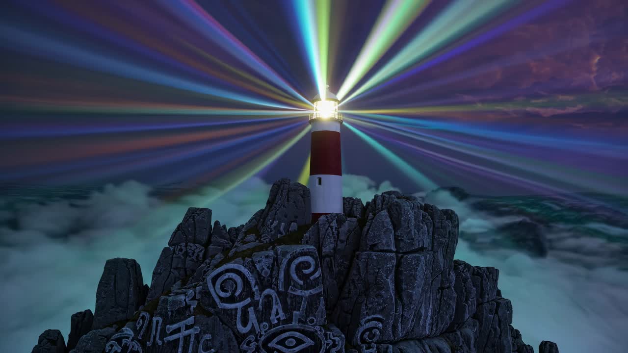 Raggi multicolore di un faro su una costa rocciosa