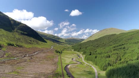 Von-Rechts-Nach-Links-Luftschwenk-Von-Glen-Lochy-Und-Der-Eisenbahn-An-Einem-Sonnigen-Tag