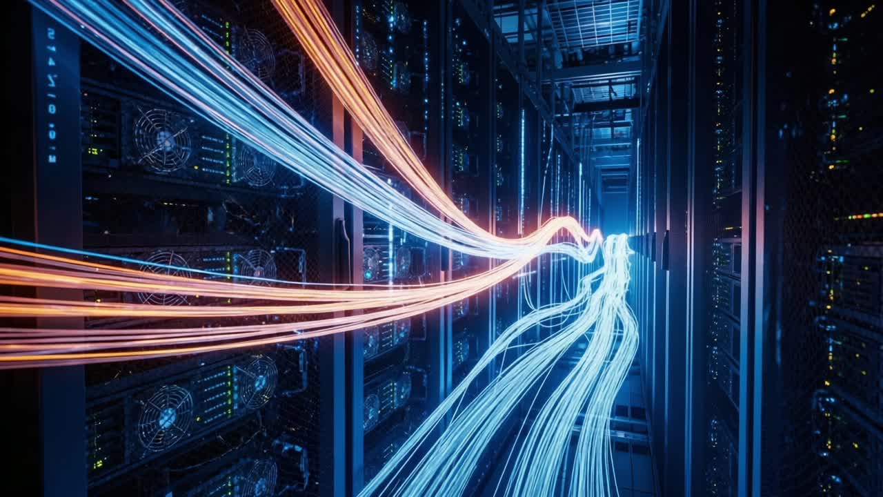 An Insightful Journey Through a High-Tech Data Center, Where Vibrant Data Streams Illuminate the Path of Digital Transformation and Network Connectivity