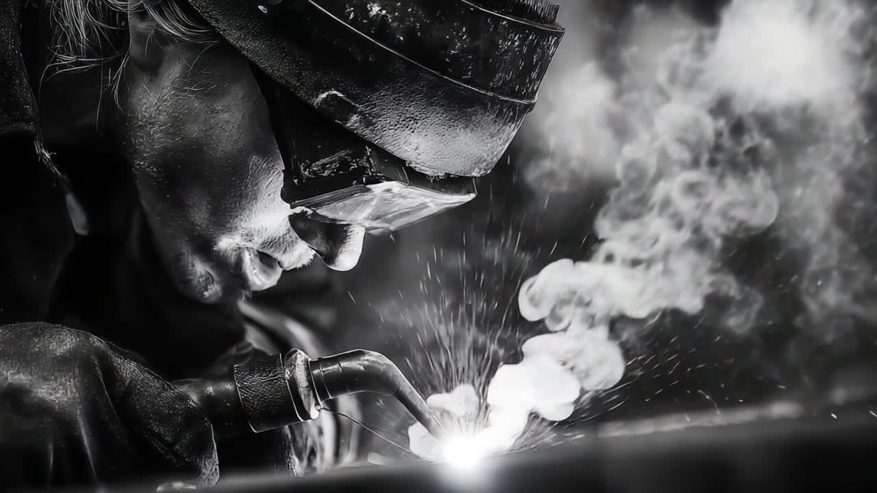 Un saldatore esperto in azione: che cattura il momento intenso della saldatura mentre le scintille volano e il fumo si alza, mettendo in mostra precisione e maestria in una scena in bianco e nero.