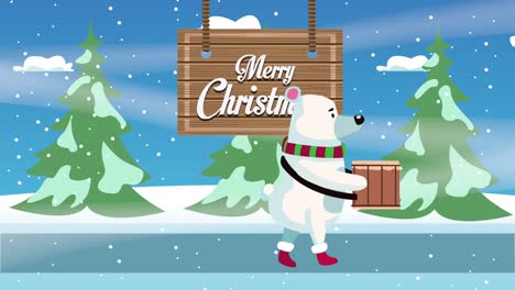 happy merry christmas card with bear playing drum
