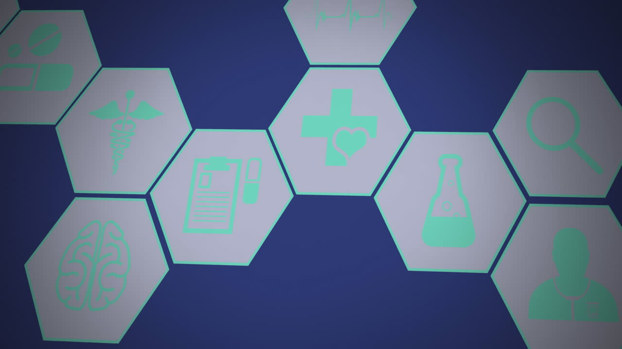 animación de múltiples iconos médicos flotando contra un fondo azul