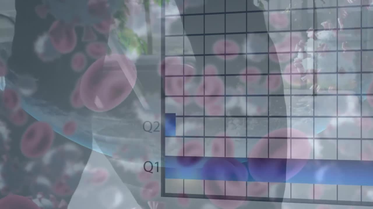 animación de procesamiento de datos financieros con virus y células sanguíneas sobre empresario.