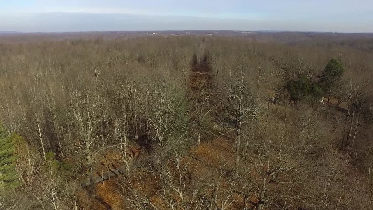 나무와 부속 건물 위를 날아다니는 드론