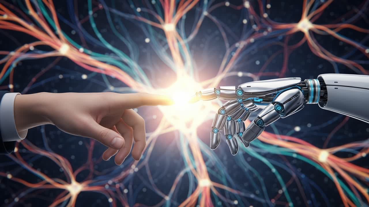 The Intersection of Humanity and Technology: A Hand Reaching Towards a Robotic Finger in a Dynamic Neural Network Background Symbolizing Connection and Innovation