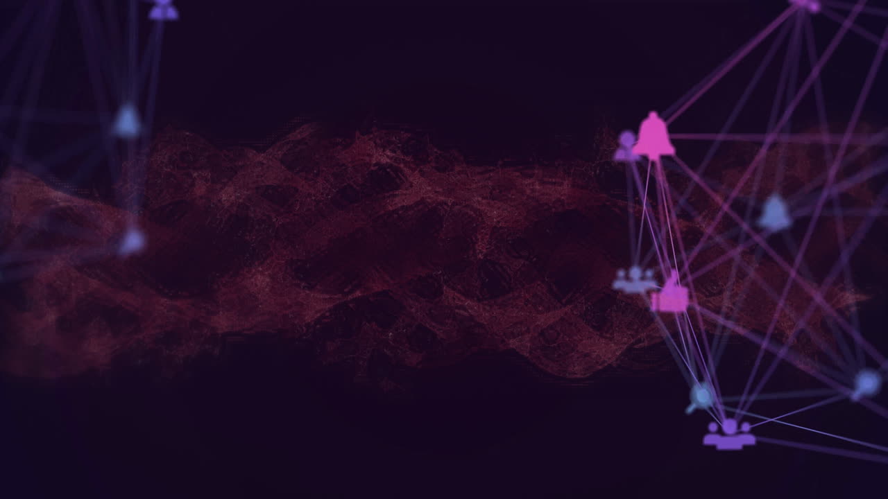 Animation of network of connections with icons over shapes on black background