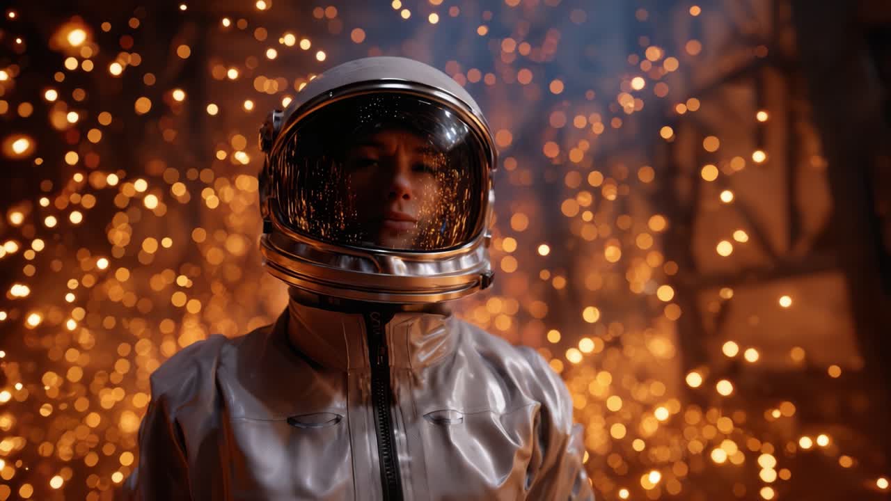 En astronaut står midt i en fascinerende baggrund af funklende lys, der viser skønheden ved rumudforskning og universets undere i en betagende visuel fremvisning.