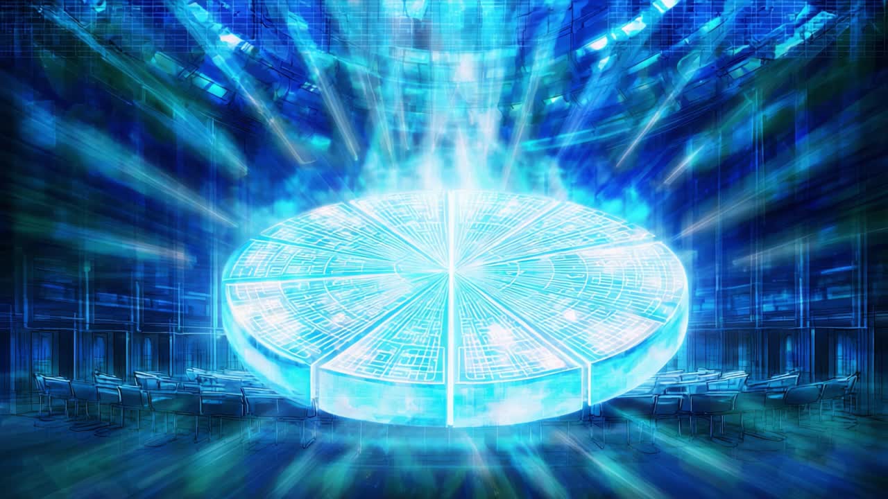 Pulsating blue holographic platform showing intricate circuitry patterns inside a dark. Modern command center. Futuristic technology. Data visualization. And science fiction concepts radiating light