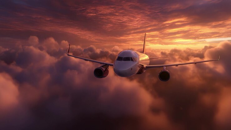 Serene Flight Above the Clouds: An Airplane Gliding Through a Sunset Sky Filled with Soft, Fluffy Clouds, Illuminated by Warm Hues of Orange and Purple