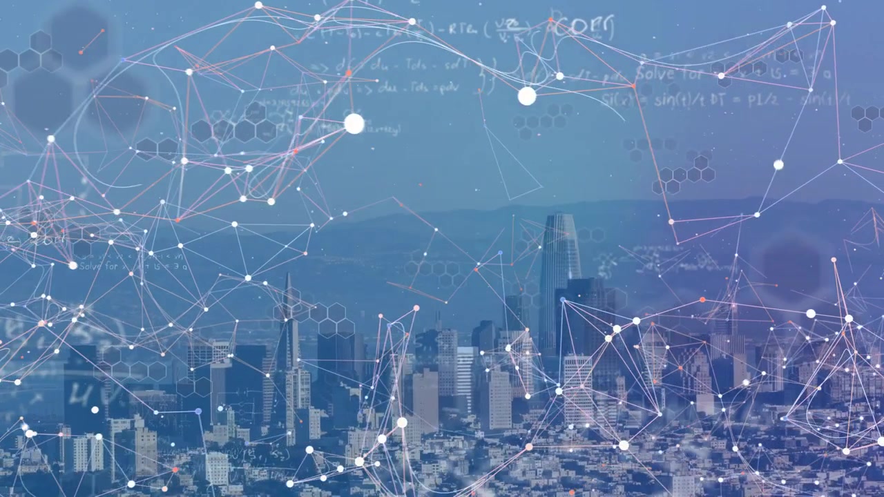 Formule che appaiono, nodi che sorgono sullo skyline della città con torri rotonde e appuntite, mappando una rete.