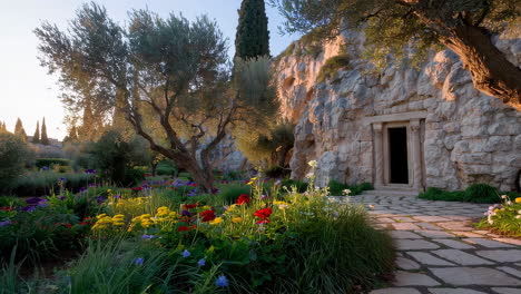 beautiful garden with stone cave and olive trees
