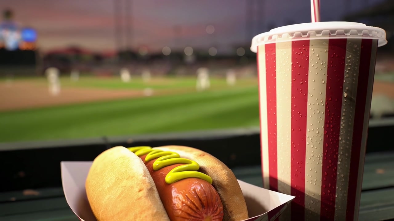 Hot-dog et soda classiques dans un stade de baseball pendant un match en soirée