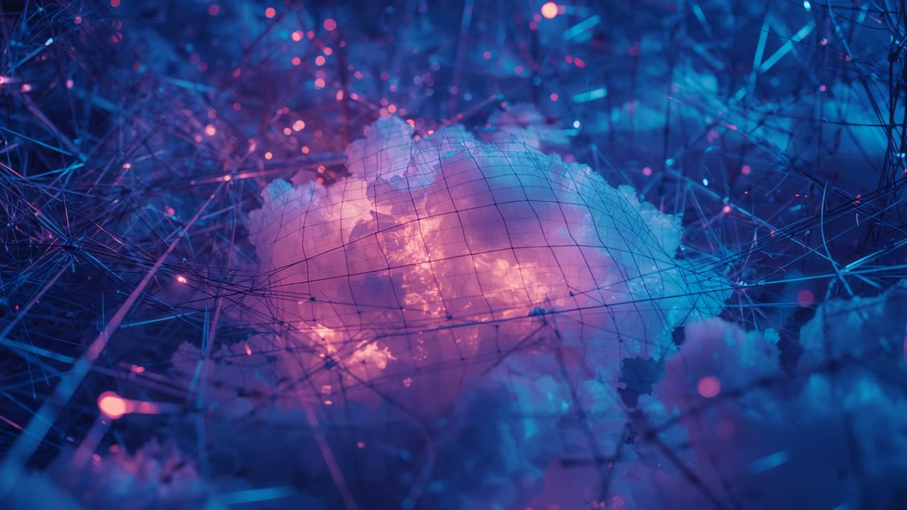 Pulsing glowing cloud sparking mesh shaking web flashing in void with red nodes, drifting particles