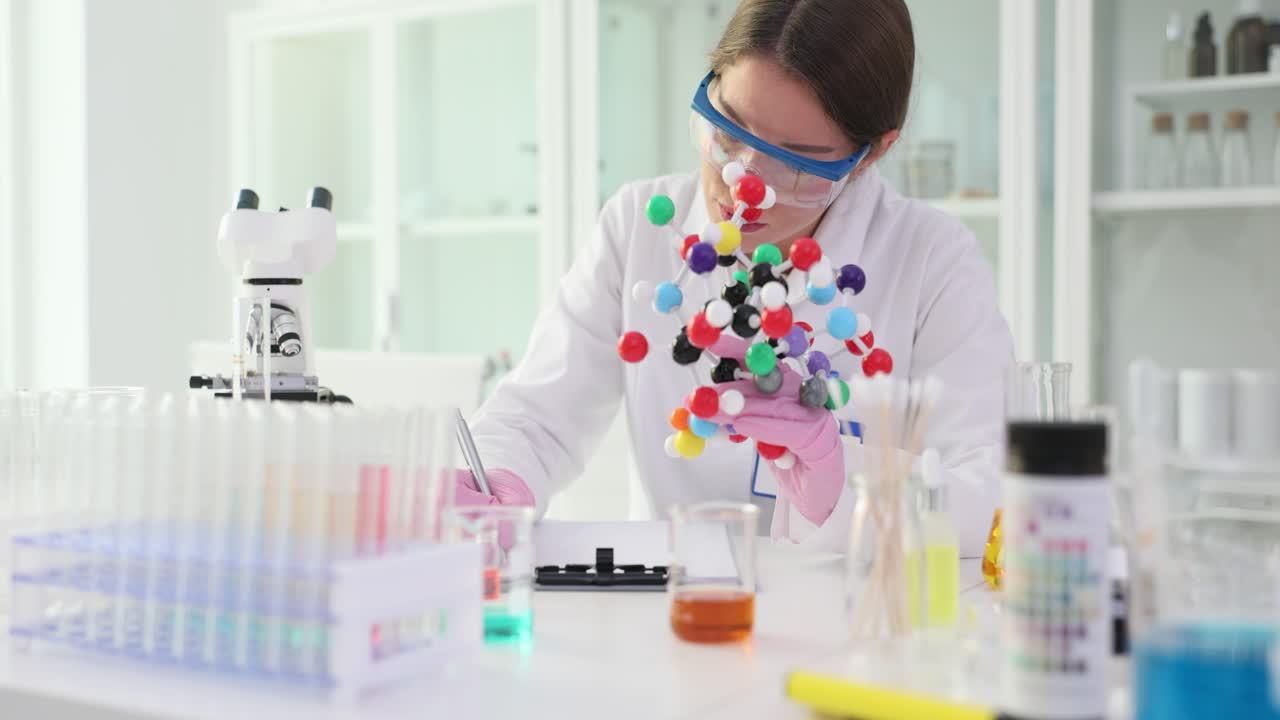 Female scientist analyzing a molecular model in a lab
