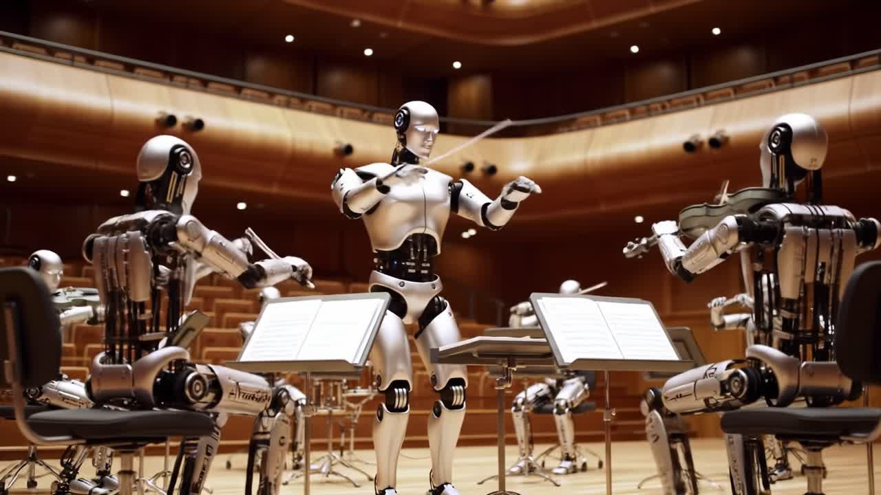 A group of advanced robots takes the stage in a beautifully designed concert hall, conducting and playing instruments to create a remarkable symphony.